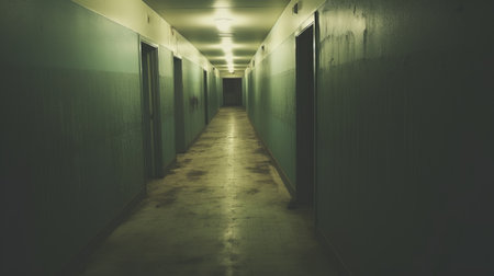 an empty hallway with a half wall, featuring dark green and light brown colors. the photograph has a demonic vibe and incorporates medical themes. it exudes a creased, sleepycore aesthetic with elements of neo-academism and farm security administration aesthetics. ai generatedの素材