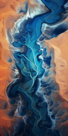 a blue ocean river flows into the desert in this photo, showcasing a detailed abstraction style. the image, captured by evgeni gordiets, exhibits vibrant cartography and ultrafine detail. the composition evokes fluid gestures, resulting in a mesmerizing uhd image. ai generatedの素材