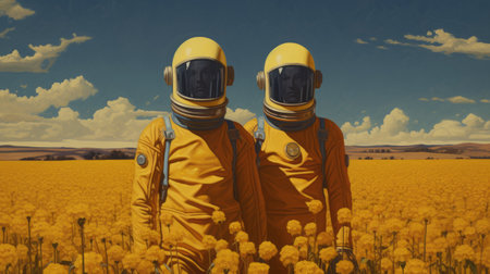 four astronauts stand together in a vibrant yellow field of flowers, creating a striking contrast against the dystopian backdrop. this hyperrealistic illustration captures the essence of narrative diptychs and precisionist art, with its realistic detail and honeycore aesthetic. a visually captivating image that could easily find its place in the criterion collection. ai generatedの素材
