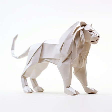 an origami lion, inspired by the mote kei and byzantine styles, is showcased in this photo. the lion is placed on a white background, adding to its bold and elongated structural design. the industrial design elements are evident, creating a unique and eye-catching composition. captured using a ricoh ff-9d camera, this photo embodies the artistic influences of the heidelberg school. ai generatedの素材