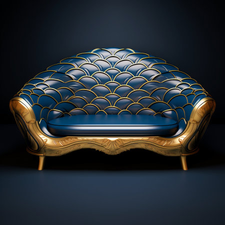the photo showcases a stunning blue and gold sofa designed specifically for a dental office in chicago. this unique piece of furniture seamlessly incorporates the use of science, while featuring a captivating seigaiha pattern and an alcohol ink texture. it is a perfect addition to create a stylish and sophisticated ambiance for guests. ai generatedの素材