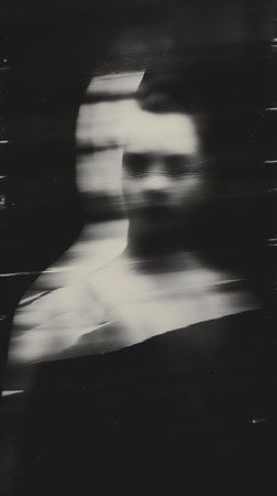a blurred black and white image of a person, reminiscent of textural portraits, vhs aesthetics, and old masters' paintings. the image showcases distorted and fractured elements, creating a minimalist yet haunting portrait. the renaissance-inspired chiaroscuro technique adds depth and drama, resulting in ghostly forms. ai generatedの素材