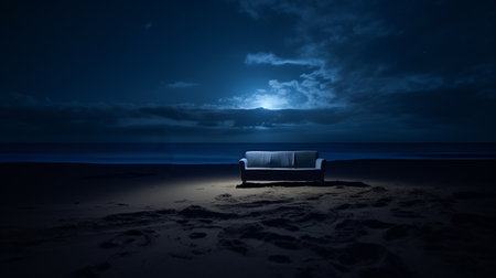 a night photography image captured by simone lupillo featuring a bench. this photo showcases the artist's unique style of romantic moonlit seascapes, with a dream-like atmosphere created by the dark blue and silver tones. the photorealistic rendering adds to the zen minimalism of the composition. taken with a nikon d750, this image beautifully captures the essence of beach portraits. ai generatedの素材