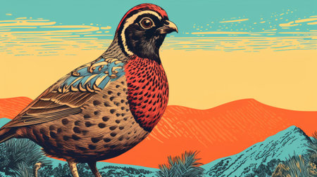 a blue jay stands on an empty field near mountains, depicted in a pop art-inspired style. the illustration features vibrant colors like light red and dark amber, with hyper-detailed elements. reminiscent of a concert poster, the image combines pigeoncore and desertpunk aesthetics, showcasing bold patterns. ai generatedの素材