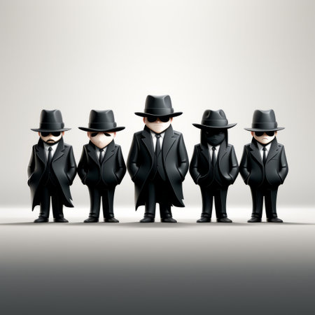 six individuals dressed in suits are captured in this intriguing image, evoking a sense of anticipation and mystery. reminiscent of bess hamiti's style, the subjects appear ready to embark on a daring heist. the photograph, with its toy-like proportions and simplified composition, exudes a paparazzi-style ambiance, leaving the viewer in suspenseful silence. ai generatedの素材