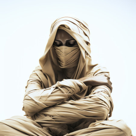 unrolled clothed woman with arms in the air, her back covered, in the style of ritualistic masks. the photograph showcases a dark beige and beige color palette, evoking an apocalyptic atmosphere. the image is wrapped in a monochromatic aesthetic, reminiscent of orientalist photography installations. ai generatedの素材