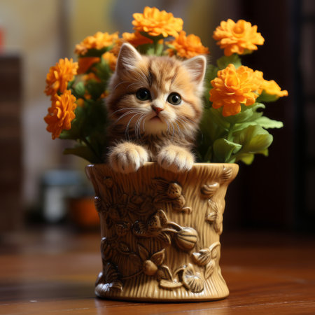 a tiny kitten with a strong facial expression is seen hiding behind a flower pot in a room. the photo, captured in the style of vray tracing, showcases dark orange and amber tones. the use of photo-realistic techniques brings out the kitten's dignified poses, creating a captivating image. this unique composition is a perfect example of cultcore photography found on flickr. ai generatedの素材