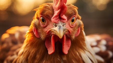 a vibrant and high-energy photo captures chickens being studied for their health and ovulation. the strong facial expressions of the chickens are highlighted through nature-inspired imagery. the use of vray tracing and a large format lens enhances the details of the photo. shot with a sony alpha a7 iii, this manticore image showcases the beauty and intensity of the subject. ai generatedの素材