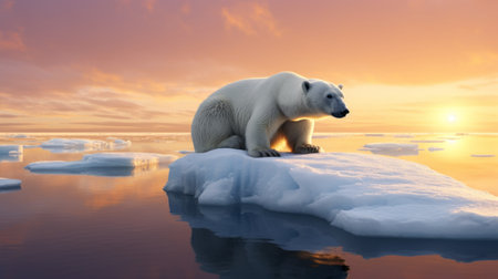 a polar bear sits on frozen ice floes, reflecting at sunset over the mexico coast. this realistic and hyper-detailed rendering, created using vray tracing, showcases the beauty of the scene. the image, captured by john wilhelm, is available under a creative commons attribution license. the uhd image features a light white and amber color palette, adding to its realistic appeal. ai generatedの素材