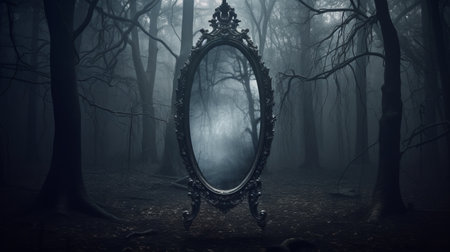an ornate mirror stands in the dark forest, surrounded by a soft mist. this haunting photo captures the gothic references and mysterious atmosphere of the scene. with its photo-realistic landscape and uhd quality, this image is perfect for creative projects. the curved mirror adds an intriguing element to the composition. creative commons attribution is required. ai generatedの素材