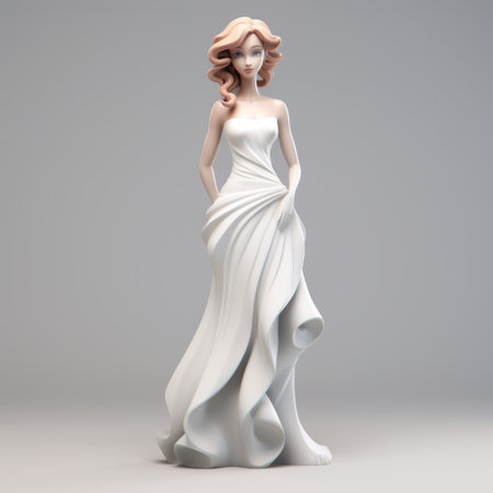 a white figurine wearing a stylish dress stands gracefully on a gray background. this realistic yet stylized portrayal captures the essence of rollerwave, wealthy portraiture, and anime-inspired aesthetics. the glossy finish of the polychrome terracotta figurine adds a touch of glamour to its stylized appearance. ai generatedの素材