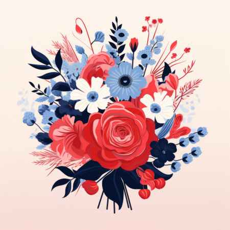 a vibrant bouquet featuring red, blue, and yellow flowers arranged in a monochromatic graphic design style. the romantic scenery is enhanced by the delicate hand-painted details in light red, light pink, dark blue, and white. the combination of light pink, light blue, and light red flowers adds a touch of elegance to the arrangement, complemented by the contrasting dark beige tones. ai generatedの素材
