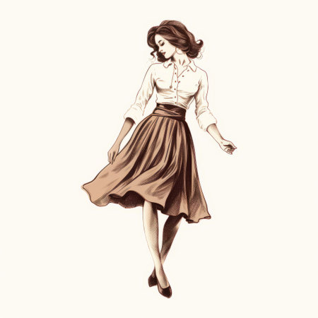 a young woman poses in a vintage-inspired fashion illustration, wearing a skirt, leather jacket, and long sleeve shirt. her graceful movements capture the essence of joy hester's art. the color palette of brown and beige adds a touch of realism to this highly realistic portrait. ai generatedの素材