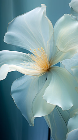 large translucent flowers on a grayish blue background. the close-up shot showcases a transparent and light style, with light green and light yellow as the main tones. the clear overlay effect enhances the soft and graceful form of the flower petals, which display distinct veins. ai generatedの素材