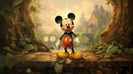 mickey mouse stands beside a majestic waterfall and lush forest, captured in the nostalgic realism style. the scene showcases grandiose ruins and a realistic depiction of light, creating a hazy and dreamlike quality. this ultra hd image resembles wimmelbilder and oil paintings, offering a captivating visual experience. ai generatedの素材