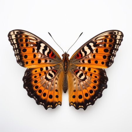 a black and orange butterfly stands out against a white background in this captivating photograph. the bold chromaticity and grandeur of scale create a visually striking image. the butterfly's dotted pattern, light brown and maroon colors, and taxidermy-like appearance add to the unique allure of this all-over composition. ai generatedの素材