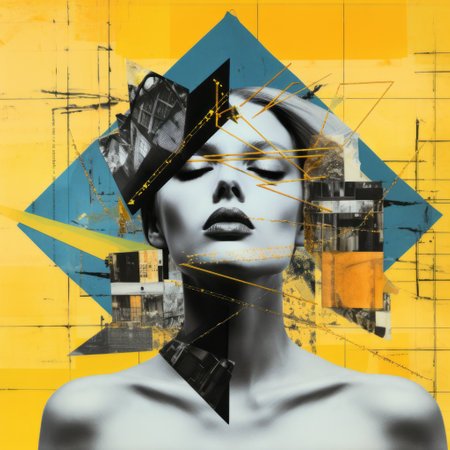fashion and design illustration by gilles dargent, featuring an abstract painting in dark yellow and azure. the artwork showcases fragmented icons, industrial photography, and multifaceted geometry. with a focus on portraiture that evokes emotion, this uhd image is a captivating blend of photographic source and artistic expression. ai generatedの素材