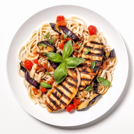 chicken stir-fried with zucchini is beautifully presented on a white plate. the dish showcases a stunning combination of colors, reminiscent of the italian renaissance revival style with light sky-blue and dark violet hues. the streamlined design adds a touch of elegance, reminiscent of sandro botticelli's art. the dish is enhanced by the use of body extensions, creating a visually appealing composition. the iso 200 settingの素材