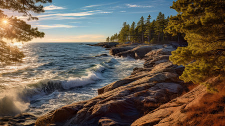 the rocky shore of hestiasula head in espoo, located in the archipelago of northern finland, is captured in this photo. the scene showcases tall pine trees, with the light illuminating the top. the rough sea with big waves creates an amazing seascape, as the waves crash onto the rocky beach. the photo exhibits naturalism and high dynamic range, with action and detailing captured using theの素材