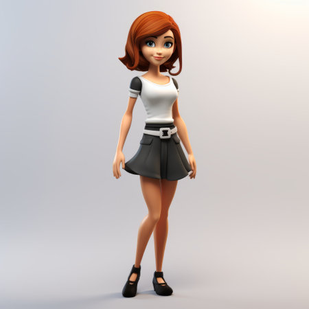 a 3d model of a woman wearing a red and black skirt stands against a charming anime-inspired background. the design draws inspiration from dc comics and features cute cartoonish elements. the color palette consists of white and amber tones, giving the image a youthful and vibrant feel. shot on 70mm, the model has a caricature-like appearance. ai generatedの素材