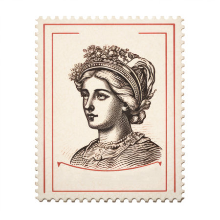 a postage stamp featuring a woman with the word "sweetie" inside. the design is reminiscent of artists like elisabeth sonrel and jonas lie, with a color palette of light bronze and crimson. the style is reminiscent of kodak portra and kodak ektar, with detailed character illustrations reminiscent of ssaku hanga. ai generatedの素材