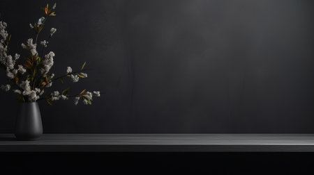 a vase of flowers sits on a table against a dark wall, showcasing a minimalistic japanese style. the dark gray and gray tones create a minimalist background, enhancing the beauty of the arrangement. this uhd image captures the essence of willem van aelst's artistry, with delicate cherry blossoms adding a touch of elegance. experience the stunning details in this 8k resolution photograph. ai generatedの素材