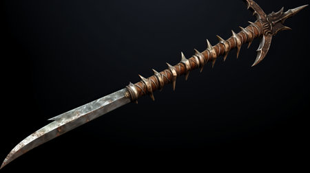 an iron sharpsword, depicted in a realistic fantasy style, is showcased in this 8k 3d image. the dynamic action captured in the image is enhanced by the whiplash lines and precision-oriented details. the use of ray tracing technology adds depth and realism to the spiky mounds on the sword. ai generatedの素材