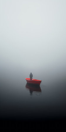 red boat floating in water, devoid of occupants. ethereal portrait style with misty atmosphere and clever negative space. transcendentalist themes shine through in this monochromatic, 8k resolution image. ai generatedの素材