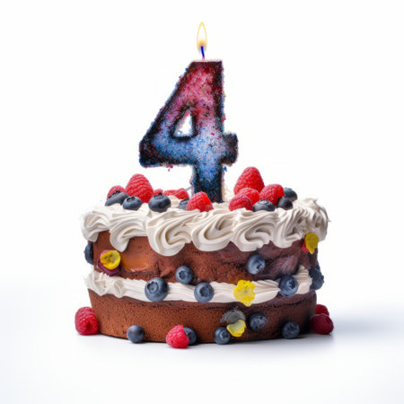 a chocolate cake with four candles, adorned in a light red and navy color scheme, showcases a numerical complexity. captured with a lensbaby effect, this uhd image exudes kitsch and camp charm. the light gray and indigo tones add to the joyful celebration of nature. ai generatedの素材