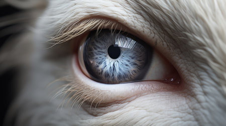 the close-up photo showcases the eye of a white goat, featuring a reduction of canine anatomy. the eye is captivating with its dark sky-blue color and hints of light silver. captured using a canon eos 5d mark iv, the image beautifully combines lifelike avian illustrations and figures in light silver and light brown tones. this stunning photo can be found on flickr. ai generatedの素材