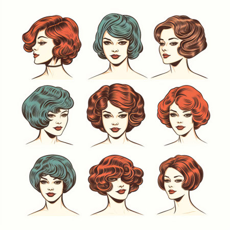 a set of vintage hair styles, arranged in a row, showcases the playful femininity of the 85 new wave era. the editorial illustrations feature flawless line work and strong facial expressions, with a color palette of light red and turquoise, complemented by hints of dark bronze. ai generatedの素材