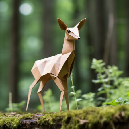 a deer perched on a wooden log in the forest, resembling paper sculptures with angular geometry inspired by wolfgang paalen. the deer is light brown in color, captured with a shallow depth of field. the scene evokes the concept of wimmelbilder with its simple yet captivating design. ai generatedの素材