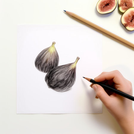 a photo of figs drawn with a black pencil on a white plate, placed in front of a white paper. the drawing is done in a style that combines dark gray and dark beige tones, creating a high-resolution image. the craftsmanship is eco-friendly, showcasing forced perspective and foreshortening techniques. the result is a stunning fairy tale illustration with photo-realistic details. ai generatedの素材