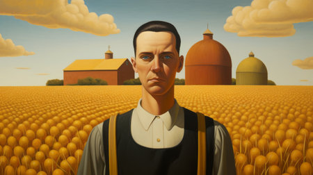 a man stands in a vast field of wheat, captured in a modernism-inspired portrait. the high level of detail brings out the confessional and monumental nature of the figures. set in the picturesque southern countryside, the meticulous portraiture reveals enigmatic characters. ai generatedの素材