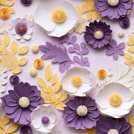 a 3d ambient occlusion and paper quilling artwork showcasing a vibrant composition of large prunus mume 'yumebeni' and santa rosa plum. the artwork features a beautiful blend of purple, white, and light greens, with the addition of yellow plum leaves. this visually stunning piece is rendered in 4k resolution, capturing every intricate detail. ai generatedの素材
