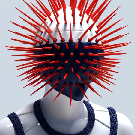a 3d model of an ugly head with spikes, featuring a futuristic glamour style with light navy and red colors. the spiky mounds add an edgy touch, while the human connection is emphasized through punctured canvases. detailed attention is given to costume and fashion, creating an installation-based artwork. ai generatedの素材