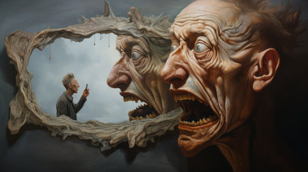 an oil painting depicting a man and his body trapped between two walls, inspired by the distorted and grotesque style of oleg shuplyak and peter gric. the artwork showcases reflections and mirroring, while conveying trapped emotions through dynamic and exaggerated facial expressions. this captivating piece by kevin hill captures the viewer's attention with its unique and thought-provoking composition. ai generatedの素材