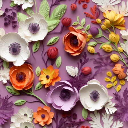 a 3d ambient occlusion and paper quilling artwork showcasing a vibrant composition of large prunus mume 'yumebeni' and santa rosa plum. the artwork features a beautiful blend of purple, white, and light greens, with yellow plum leaves adding a touch of elegance. this visually stunning piece is presented in 4k resolution, capturing every intricate detail. ai generatedの素材