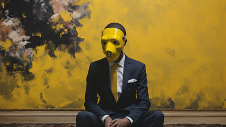 a man wearing a yellow mask sits on the floor in a modernism-inspired portraiture style. this metalcore-influenced wealthy portraiture captures the essence of southern gothic-inspired art. the hyperrealistic animal portraits and the influence of harlem renaissance can be seen in this captivating image, reminiscent of album covers. ai generatedの素材