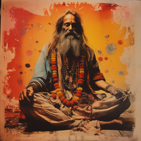 a vibrant block-print poster with a 1960s hippy counter-culture style and abstract-expressionist aesthetic. influenced by romanticism and inspired by an eccentric mystic hindu sadhu, this full-body cinematic portrait captures a grungy, gritty, and striking essence. the photograph was taken on retro camera film, adding to its unique and nostalgic appeal. ai generatedの素材