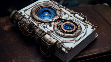 the photo features a book with blue eyes, resembling a sculpture of destroyed gadgets. it showcases photorealistic detail with a mix of dark white and dark amber tones. shot on a konica auto s3 camera using 70mm film, the image exudes a unique blend of futuristic and victorian aesthetics, reminiscent of the cottagepunk style. ai generatedの素材