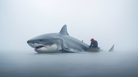 a man in a red hoodie and mask sits on a boat, surrounded by a majestic great white shark. this captivating photo, reminiscent of the styles of mikko lagerstedt and jeremy geddes, showcases a panoramic scale and photorealistic wildlife art. the misty atmosphere and oversized objects add a touch of intrigue, reminiscent of the works of david yarrow. ai generatedの素材