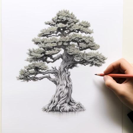 a person is drawing a hyperrealistic landscape of a tree on a white background. the drawing is done in the style of intricately sculpted traditional chinese art, with a combination of dark white and light gray shades. the meticulous design resembles scientific illustrations and detailed character illustrations. ai generatedの素材