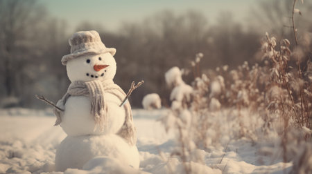 a snowman stands in an empty field, showcasing a soft and muted color palette. the image captures the essence of winter with its light gold and orange hues. the use of vfxfriday enhances the visual effects, while the soft-focus adds a dreamy touch. the snowman's dark crimson and white colors contrast beautifully against the winter landscape. the solarizing master technique adds an artistic flair toの素材