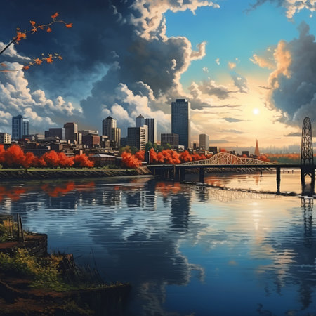 a vibrant cityscape featuring trees and an overcast sky, captured in the style of vibrant illustrations. the photograph showcases sparkling water reflections and photographically detailed portraitures, reminiscent of american tonalist paintings. the scene also incorporates elements of anime art, with a touch of rtx on, creating a captivating blend of romantic riverscapes. ai generatedの素材