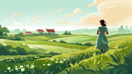 a detailed vector illustration of a sunny rural scene on a farm. in the foreground, a determined jennifer in traditional farming attire stands amidst a lush green field, holding a pesticide sprayer. rows of healthy crops, like wheat or corn, fill the fields, with sunlight casting long shadows. in the background, a rustic farmhouse and clear blue sky with fluffy white clouds complete the vibrantの素材