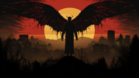 a free hd wallpaper featuring a whimsical skyline in the style of supernatural creatures. this giallo wallpaper showcases dark brown and crimson tones, with life-like avian illustrations. perfect for your ipod, laptop computer, or tv, this poster art with 2d game art elements will add a touch of enchantment to your screen. experience the magic with this hd wallpaper. ai generatedの素材