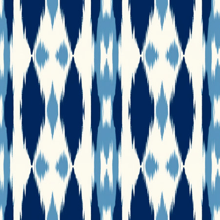 a blue and white ikat pattern fabric by leeko on spoonflower custom fabric. this fabric features a bold and daring composition with jagged edges, showcasing a traditional color scheme. the high horizon lines and simplified colors create a visually striking design. the multilayered surfaces add depth and dimension to this 3840x2160 resolution fabric. ai generatedの素材