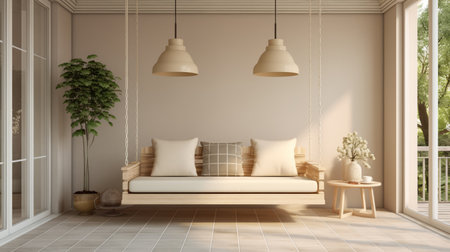 a screened-in porch featuring sand color tones and minimalist line art. the craftman style is enhanced by limepaint on the walls and a suspension lamp made of jacopo foggini methacrylate. the cement tiles and the dots painting add a touch of uniqueness. the porch is softly furnished, creating a cozy atmosphere. this highly detailed and photorealistic image is of exceptional quality, captured in stunning 16kの素材