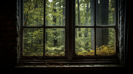 a broken window with leaves, captured in a dark and moody landscape style. this atmospheric woodland imagery showcases the long and deep distance, highlighting the timber frame construction. the green and amber tones add to the overall windows vista. the soft and dreamy depiction enhances the overall mood of the photo. ai generatedの素材